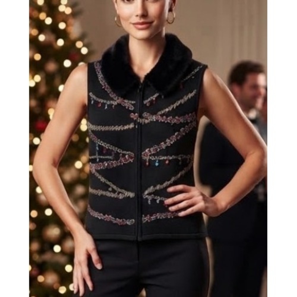 Marisa Christina 2006 Vintage Jeweled Christmas Vest Faux Fur Collar Black Small